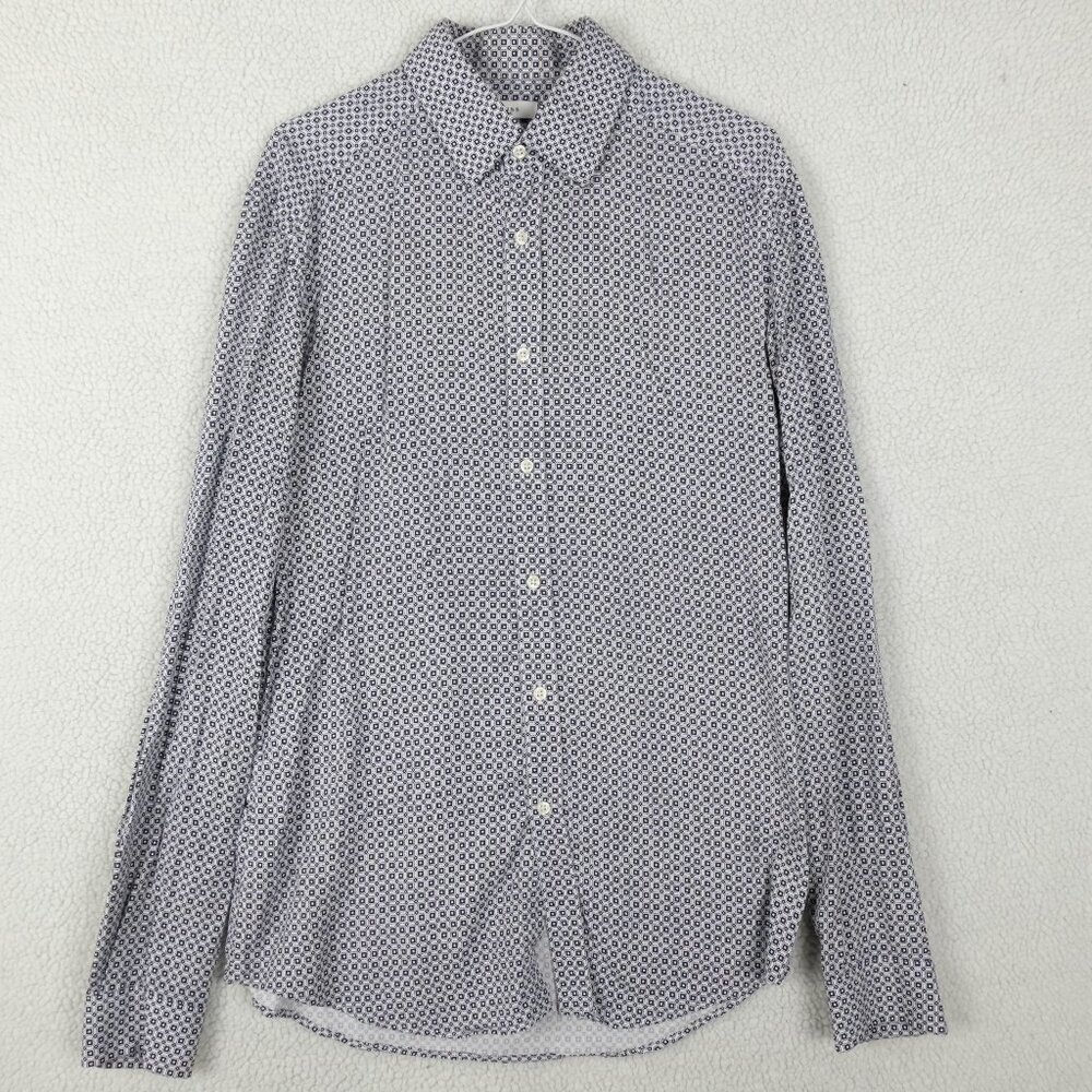 Reiss Shirt Mens Medium White Black Geometric Long Sleeve Slim Fit Viscose